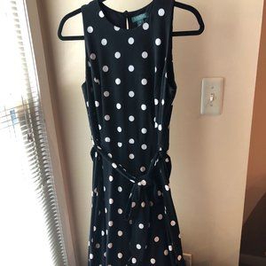 Lauren by Ralph Lauren Sleeveless Black & White Polka Dot Dress with Self Belt